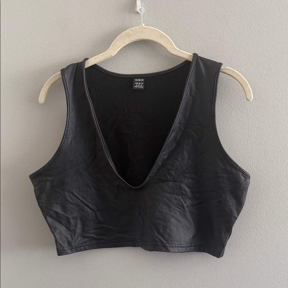 SHEIN Black Deep V-Neck Faux Leather Crop Tank Top